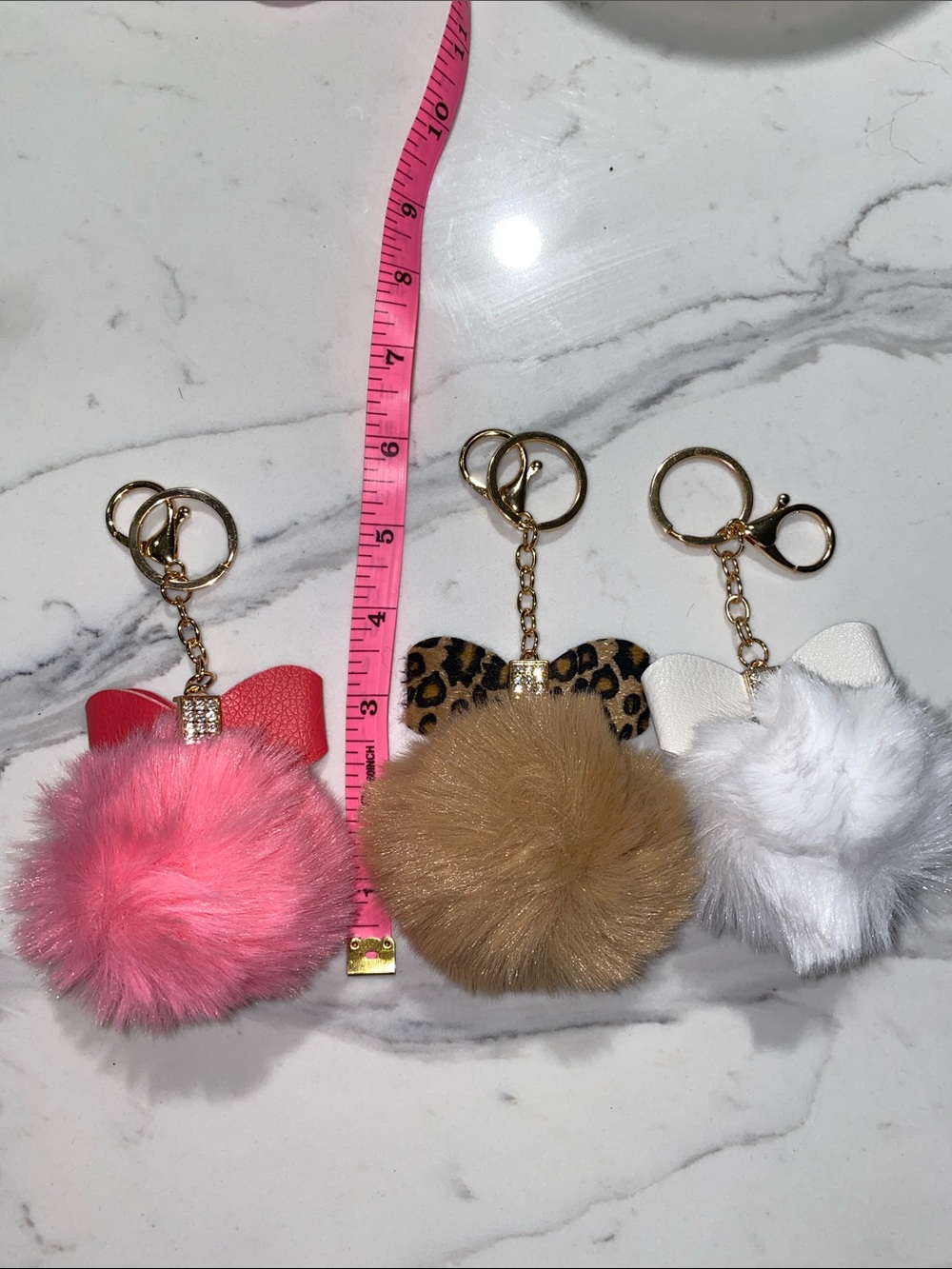 Faux Fur Pom Pom Keychain Trio - Pink, Tan Leopard, White